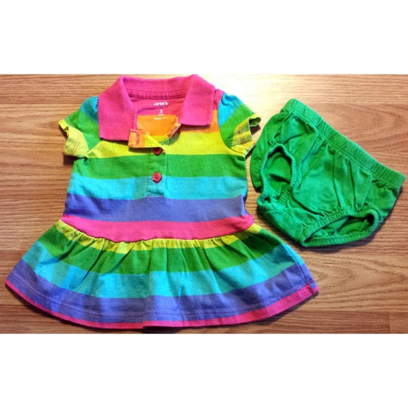 Girl's Size 3 M 0-3 Months Two Piece Carter's Bright Rainbow Striped Dress Set - Picture 1 of 6